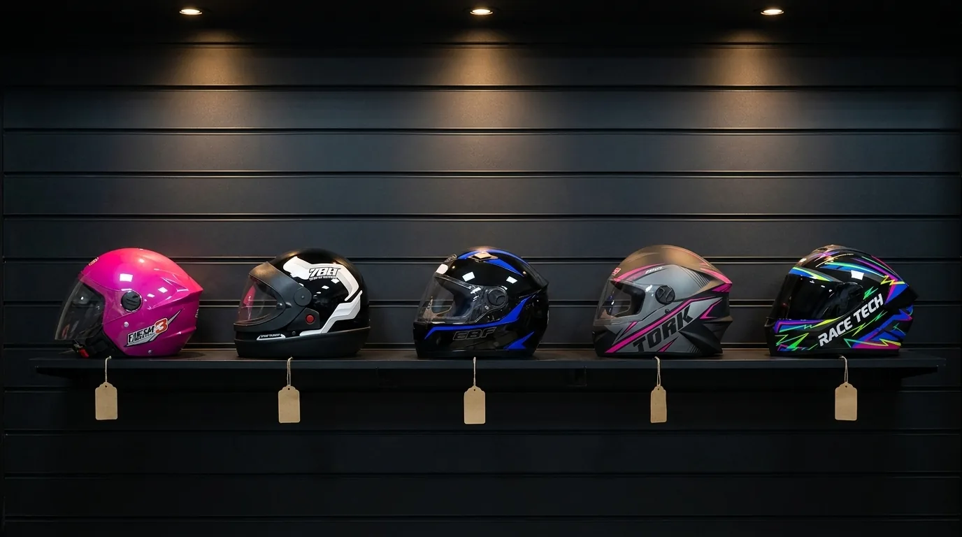 Prateleira de loja com os capacetes Pro Tork New Liberty Three, Pro Tork Sport Moto 788, EBF 7, Pro Tork R8 e Race Tech Hit